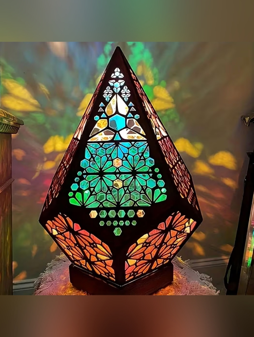 Bohemian Geometric LED Projection Lamp USB Colorful Night Light Wooden Decor